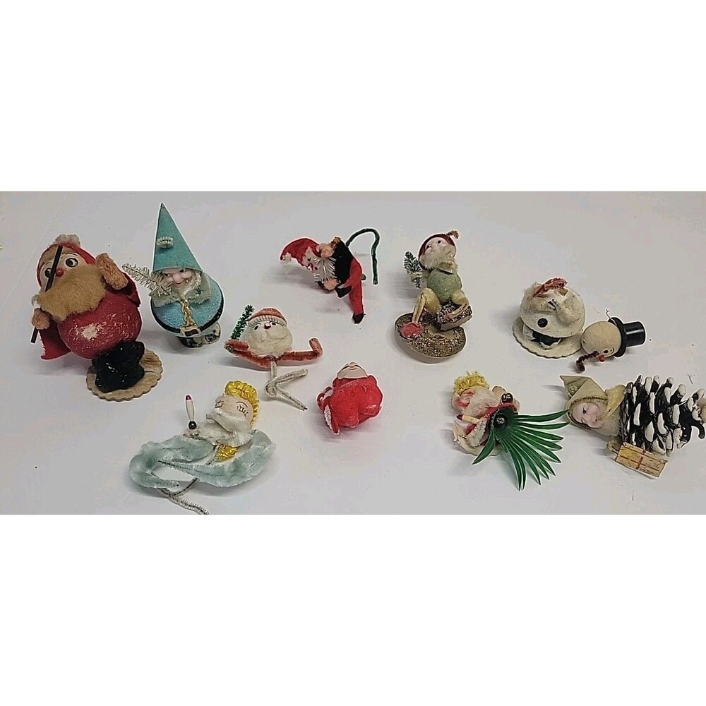 Vtg Handmade Christmas Elf Gnomes Angel Frosty Lot 10 Pipecleaner Pinecone